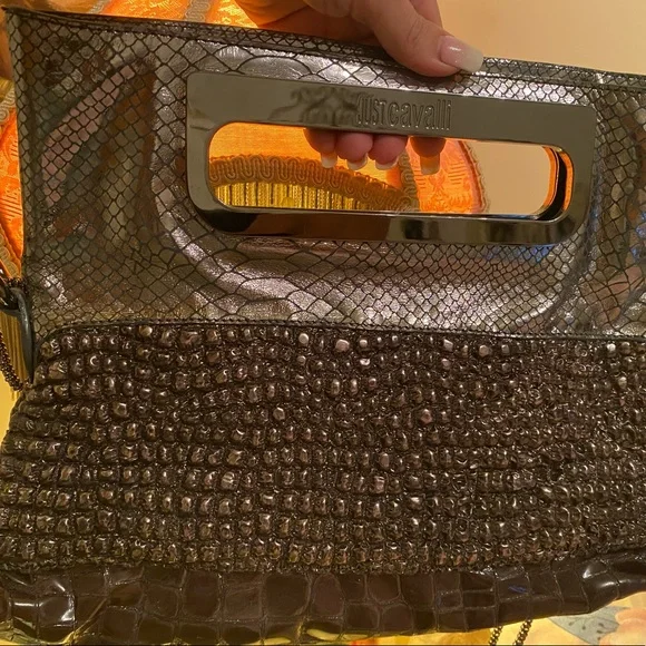 Just Cavalli folding bag in patent faux gray/brown leather with charcoal accents - Picture 2 of 12